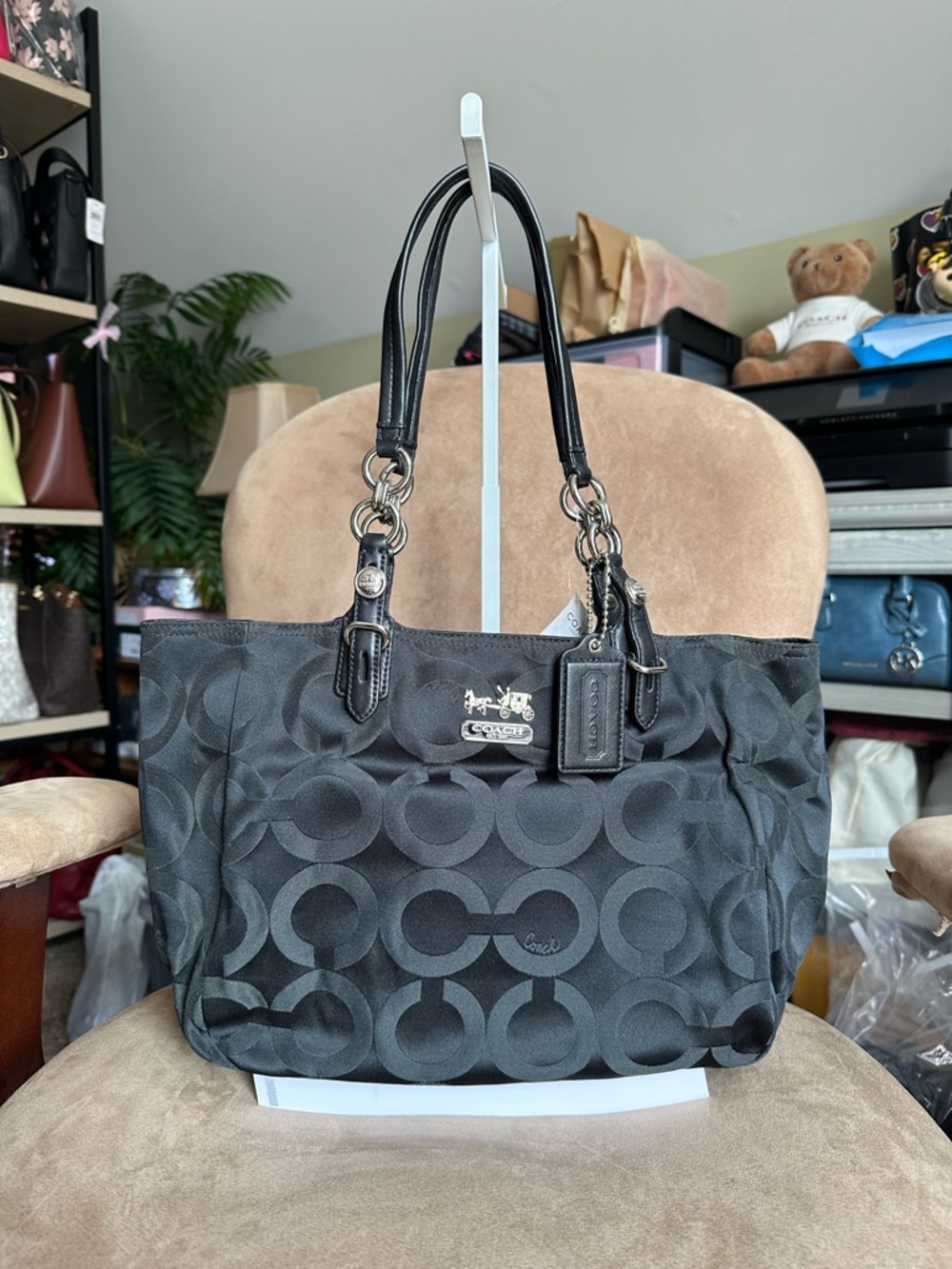 Coach Mia Op Art Sateen Tote F15758 Black and Silver New with Tag